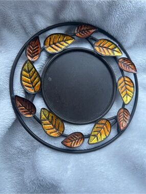 Decorative Metal candle holder  Plate with Autumn Leaf Accents - Black and Gold